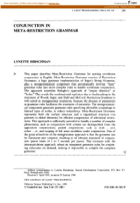 Conjunction in Meta-Restriction Grammar