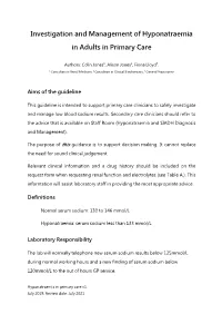 Investigation and Management of Hyponatraemia in Adults in Primary Care