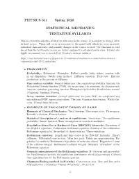 PHYSICS 611 Spring 2020 STATISTICAL MECHANICS