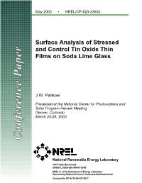 Surface Analysis of Stressed and Control Tin Oxide Thin Films on Soda Lime Glass