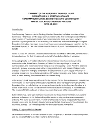 Statement of the Honorable Thomas E. Perez Nominee for U.S