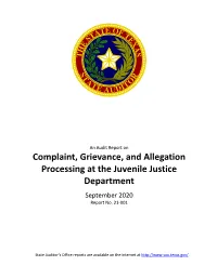 An Audit Report on Complaint, Grievance, and Allegation Processing at the Juvenile Justice Department September 2020 Report No
