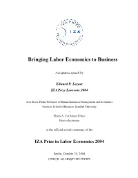 Edward Lazear: Acceptance Speech, IZA Prize in Labor Economics 2004