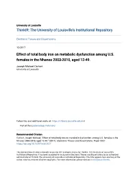 Effect of Total Body Iron on Metabolic Dysfunction Among U.S. Females in the Nhanes 2003-2010, Aged 12-49