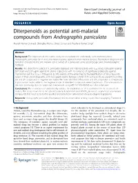 Diterpenoids As Potential Anti-Malarial Compounds from Andrographis Paniculata Manish Kumar Dwivedi, Shringika Mishra, Shruti Sonter and Prashant Kumar Singh*