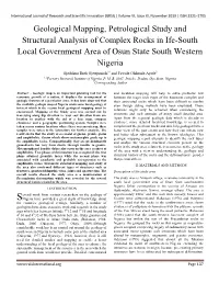 Geological Mapping, Petrological Study and Structural Analysis of Complex Rocks in Ife-South Local Government Area of Osun State South Western Nigeria