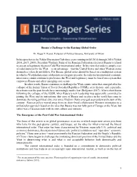 Russia's Challenge to the Existing Global Order in His Speeches to the Valdai Discussion Club Three Years Running in Fall 2014
