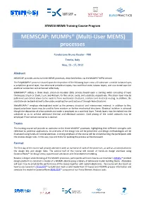 STIMESI-2 Course, MEMSCAP Mumps Technologies, May 15-18