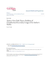 Tasini V. New York Times: Problem of Unauthorized Secondary Usage of an Author's Works Ryan J