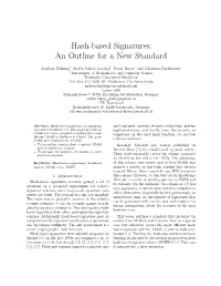 Hash-Based Signatures: an Outline for a New Standard