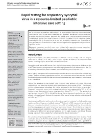 Rapid Testing for Respiratory Syncytial Virus in a Resource-Limited Paediatric Intensive Care Setting