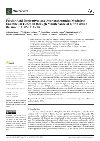 Ferulic Acid Derivatives and Avenanthramides Modulate Endothelial Function Through Maintenance of Nitric Oxide Balance in HUVEC Cells