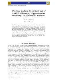 Why New Zealand Took Itself out of ANZUS: Observing ‘‘Opposition for Autonomy’’ in Asymmetric Alliances1