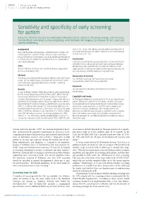 Sensitivity and Specificity of Early Screening for Autism