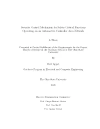 Security Control Mechanism for Safety Critical Functions Operating on an Automotive Controller Area Network
