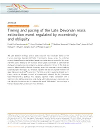 Timing and Pacing of the Late Devonian Mass Extinction Event Regulated by Eccentricity and Obliquity