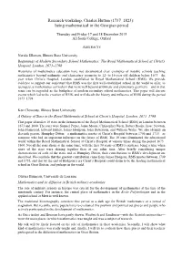 Research Workshop. Charles Hutton (1737–1823): Being Mathematical in the Georgian Period