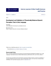 Development and Validation of Phonetically Balanced Speech Perception Test in Urdu Language