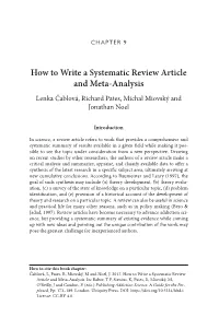 How to Write a Systematic Review Article and Meta-Analysis Lenka Čablová, Richard Pates, Michal Miovský and Jonathan Noel