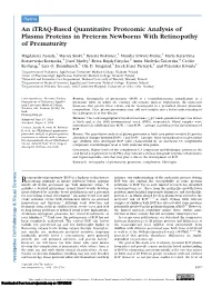 An Itraq-Based Quantitative Proteomic Analysis of Plasma Proteins in Preterm Newborns with Retinopathy of Prematurity