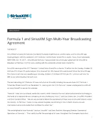 Formula 1 and Siriusxm Sign Multi-Year Broadcasting Agreement