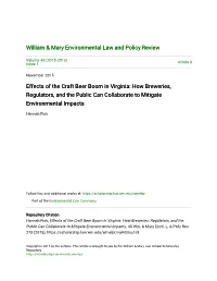 Effects of the Craft Beer Boom in Virginia: How Breweries, Regulators, and the Public Can Collaborate to Mitigate Environmental Impacts