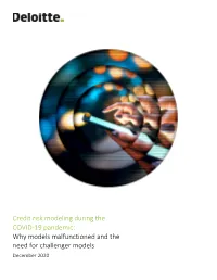 Credit Risk Modeling During the COVID-19 Pandemic: Why Models Malfunctioned and the Need for Challenger Models December 2020