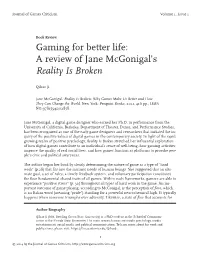 A Review of Jane Mcgonigal's Reality Is Broken