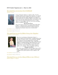 RIP.IE Deaths Tipperary Jan 1 – May 31, 2020 the Death Has Occurred of Jim COSTIGAN the Death Has Occurred of Mina Gorey (Née