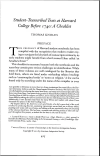 Student-Transcribed Texts at Harvard College Before 1^40: a Checklist