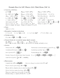 Formula Sheet for LSU Physics 2113, Third Exam, Fall ’14