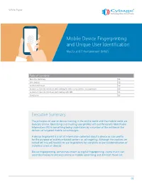 Mobile Device Fingerprinting and Unique User Identification Media and Entertainment (M&E)