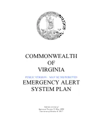 Commonwealth of Virginia Emergency Alert System Plan, Which Will Allow a Coordinated EAS Message for the Event Within the National Capital Region