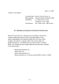 Re: Management Changes for the Mizuho Financial Group