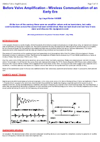 Before Valve Amplification) Page 1 of 15 Before Valve Amplification - Wireless Communication of an Early Era