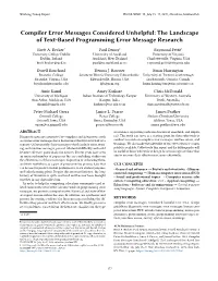 Compiler Error Messages Considered Unhelpful: the Landscape of Text-Based Programming Error Message Research