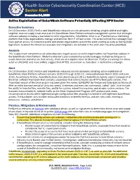 HC3 Sector Alert TLP White: Active Exploitation of Solarwinds Software