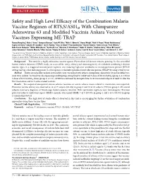 Safety and High Level Efficacy of the Combination Malaria Vaccine Regimen of RTS,S/AS01B with Chimpanzee Adenovirus 63 and Modif