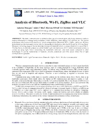 Analysis of Bluetooth, Wi-Fi, Zigbee and VLC
