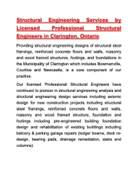 Structural Engineering Services by Licensed Professional Structural Engineers in Clarington, Ontario