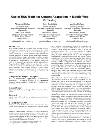 Use of RSS Feeds for Content Adaptation in Mobile Web Browsing