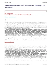 Brief Introduction to Tai Chi Chuan and Selecting a Tai Chi School