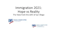 Immigration 2021: Hope Vs Reality the View from the LWV of San Diego the Current Status of Immigration Issues