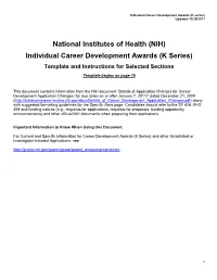 (NIH) Individual Career Development Awards (K Series) Template and Instructions for Selected Sections