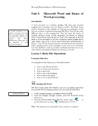 Unit 3: Microsoft Word and Basics of Word Processing