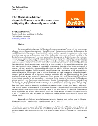 The Macedonia-Greece Dispute/Difference Over the Name Issue: Mitigating the Inherently Unsolvable