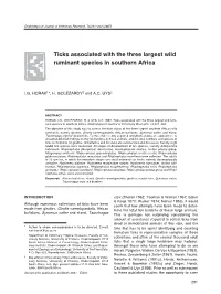 Ticks Associated with the Three Largest Wild Ruminant Species in Southern Africa