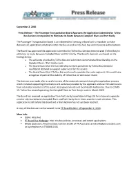 September 2, 2020 Press Release – the Passenger Transportation Board Approves the Application Submitted by Tofino Bus Services