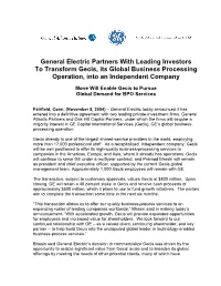 General Electric Partners with Leading Investors to Transform Gecis, Its Global Business Processing Operation, Into an Independent Company