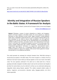 Identity and Integration of Russian Speakers in the Baltic States: a Framework for Analysis